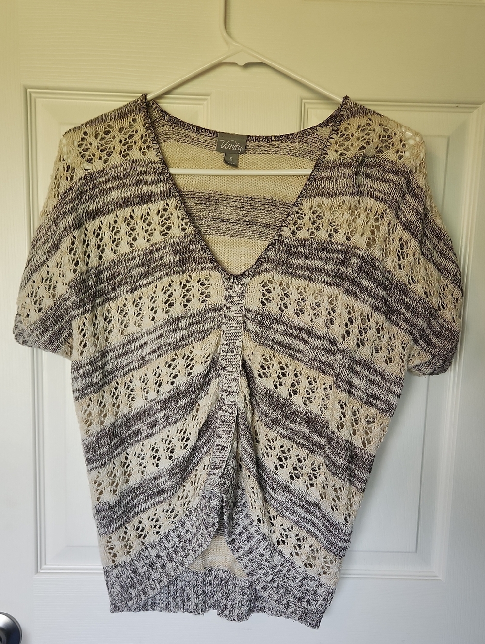 Vanity Cream and Gray Striped Crochet V-Neck Top
